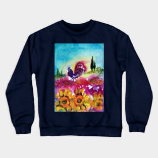 SUNFLOWERS, POPPIES AND BLACK ROOSTER IN BLUE SKY Crewneck Sweatshirt